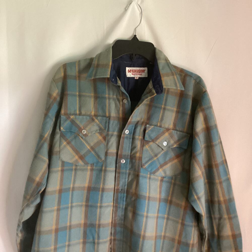 McGregor Sportswear Plaid Button-Down Shirt – Blue/Brown – Size M – 28" Length